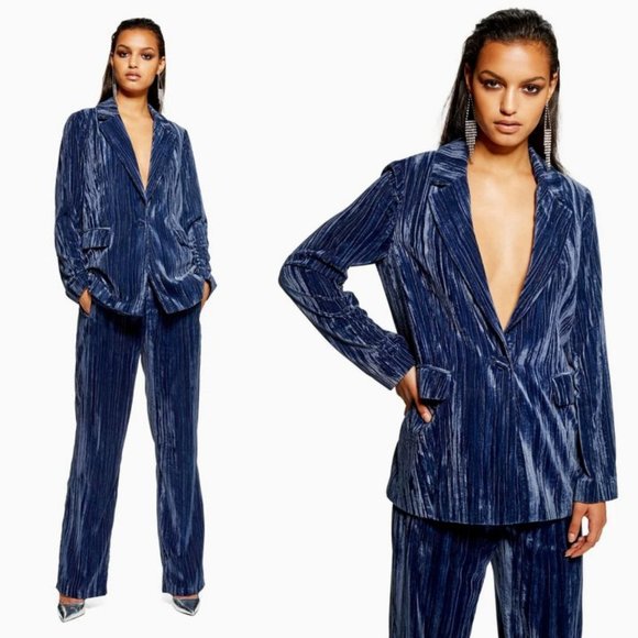 Topshop Jackets & Blazers - Topshop 2 PC Suit Crinkle Velvet Blazer Jacket & Trouser Pant Set Blue Size 2